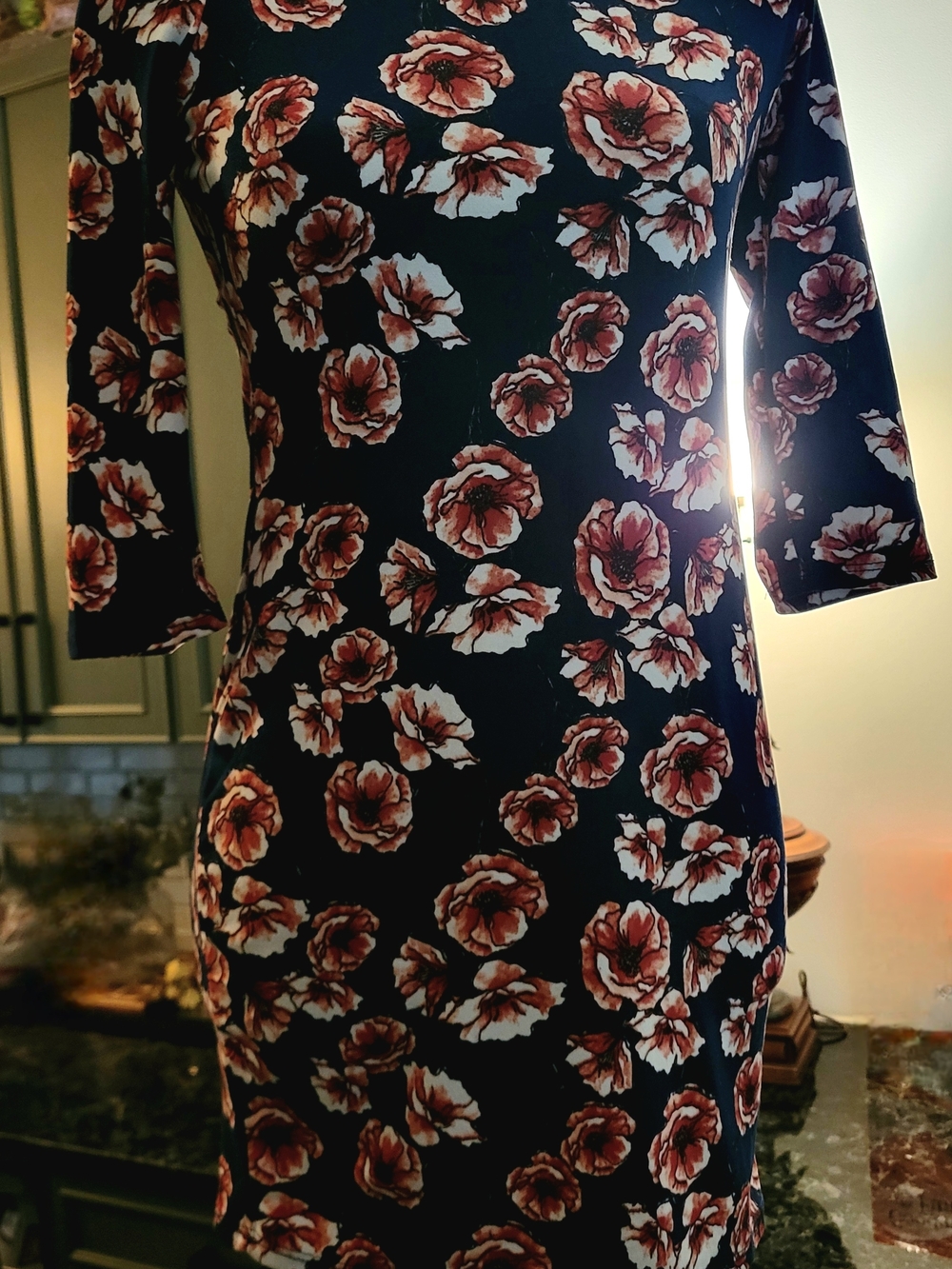 Dark Blue Floral Mini Dress with Red-Pink Blooms